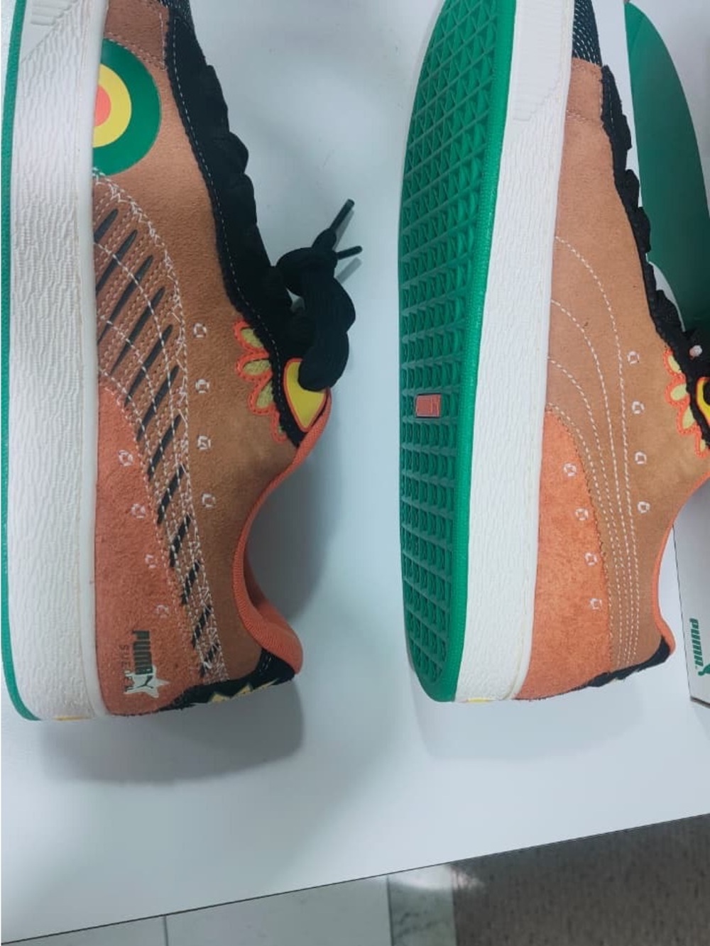 Puma Orange Suede Sneakers with Green Sole and Black Accents